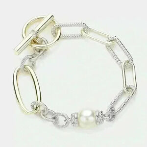 Gold Pearl and Pave Two Tone Toggle Bracelet